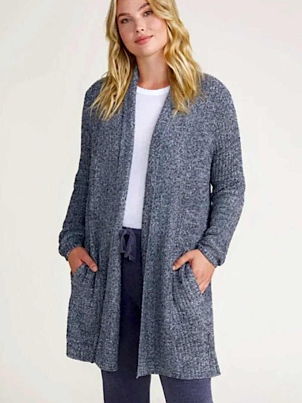 Barefoot Dreams CozyChic Lite Montecito Ribbed Knit Cardigan Sweater Indigo Sz M